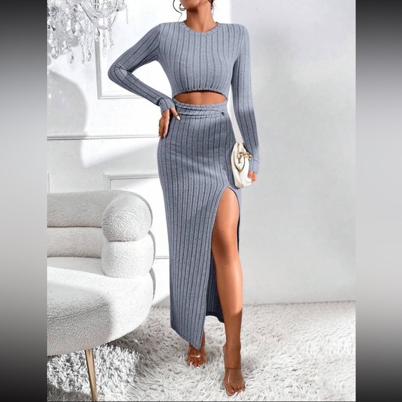 SHEIN Gray Ribbed Maxi Dress with Slit and Crew Neck - Picture 1 of 4